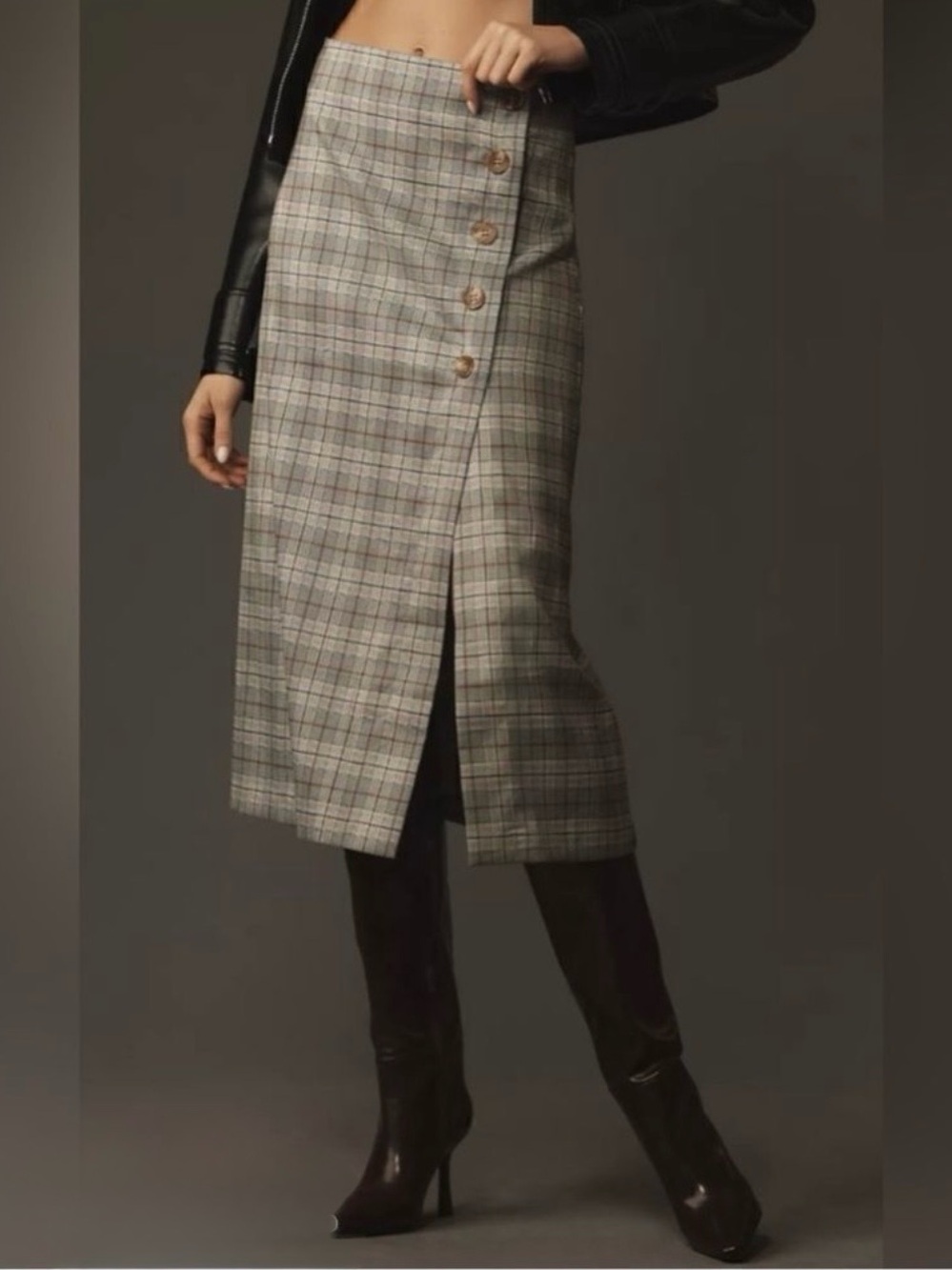 porridge x Anthropologie L Neutral Motif Button Side Plaid Midi Skirt - Picture 16 of 16
